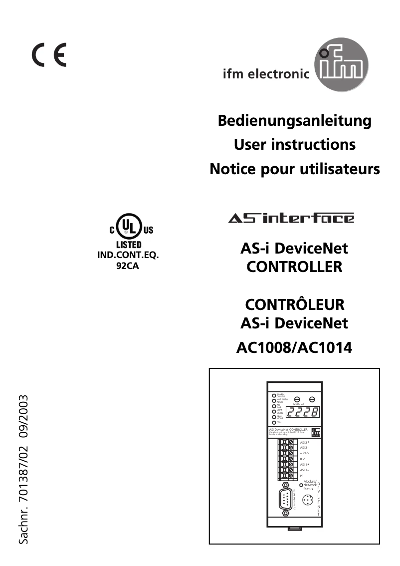 Page 1 de la notice Manuel utilisateur IFM AC1014