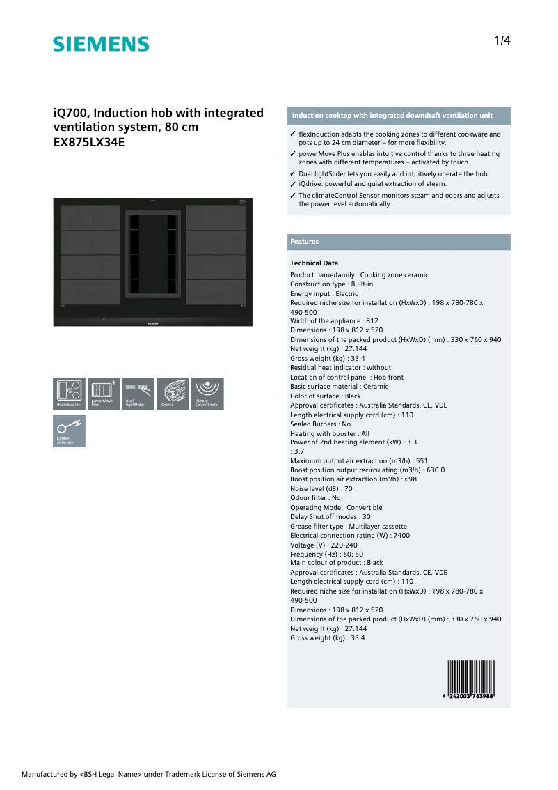 Página 1 del manual Ficha técnica Siemens EX875LX34E