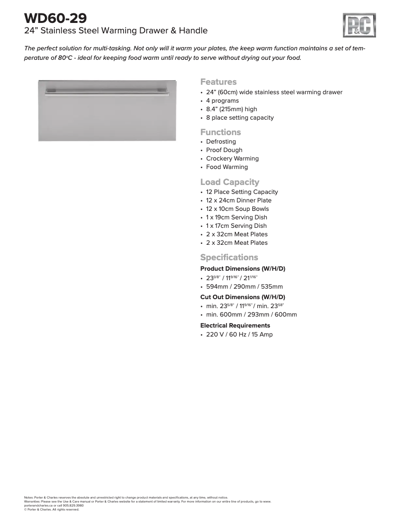 Page 1 de la notice Fiche technique Porter & Charles WD60-29