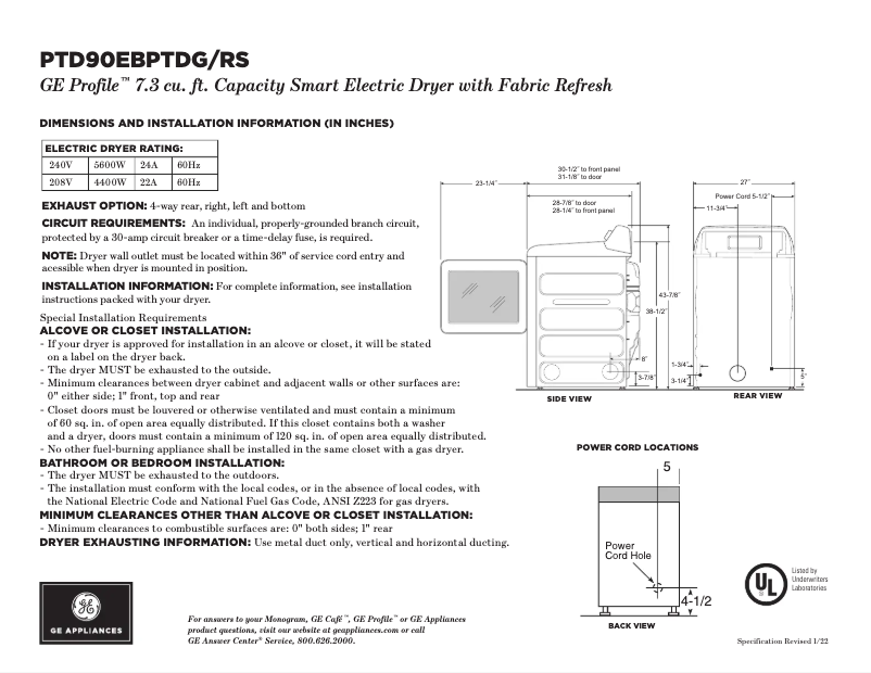 Página 1 del manual Ficha técnica GE Profile PTD90EBPTDG