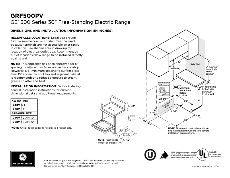 Página 1 del manual Ficha técnica GE GRF500PVBB