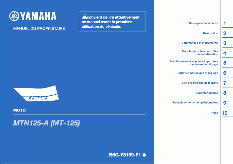 Page 1 de la notice Manuel utilisateur Yamaha MT125 (2022)