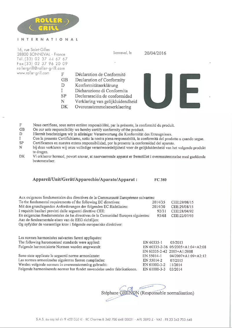 Page 1 de la notice Manuel utilisateur Roller Grill FC 380