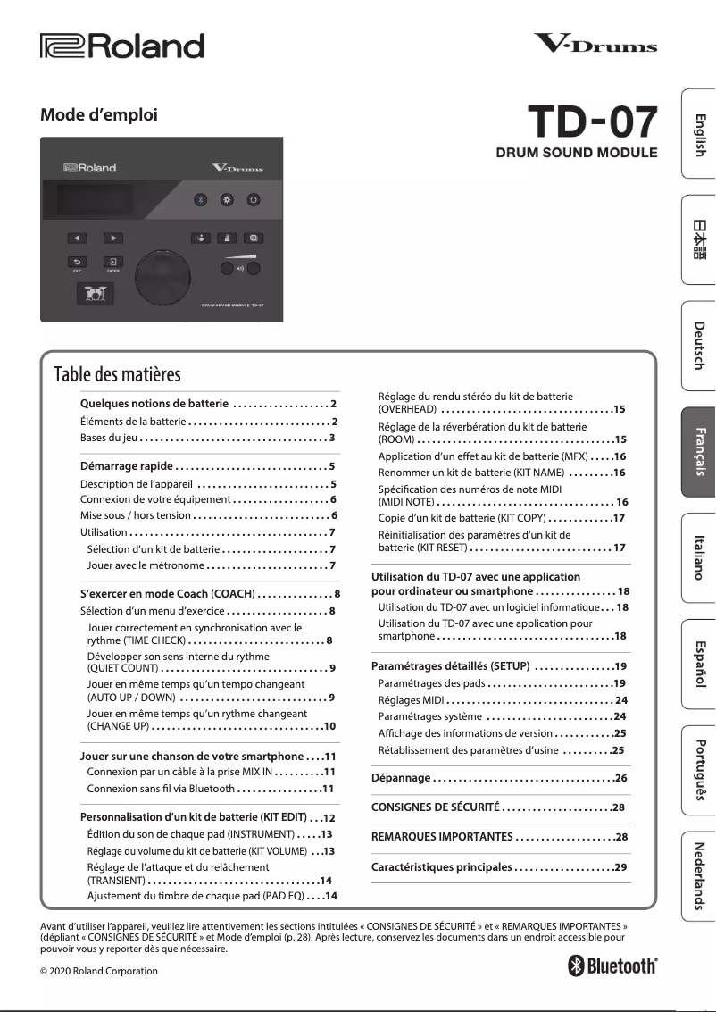 Page 1 de la notice Manuel utilisateur Roland TD-07KX