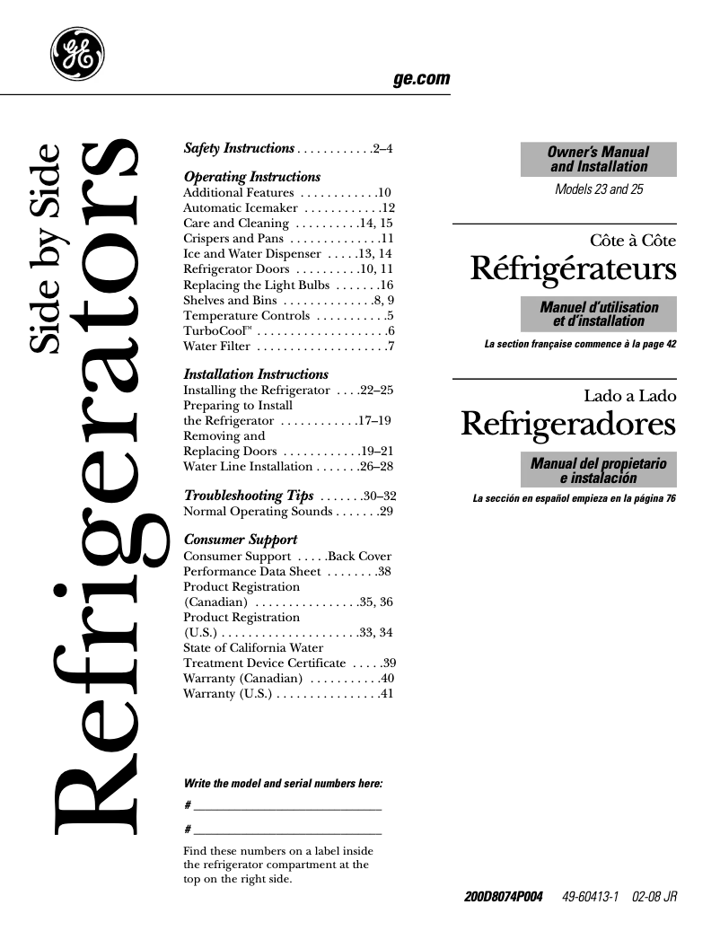 Page 1 of the manual Use and Maintenance Manual GE GSS23QGSWW