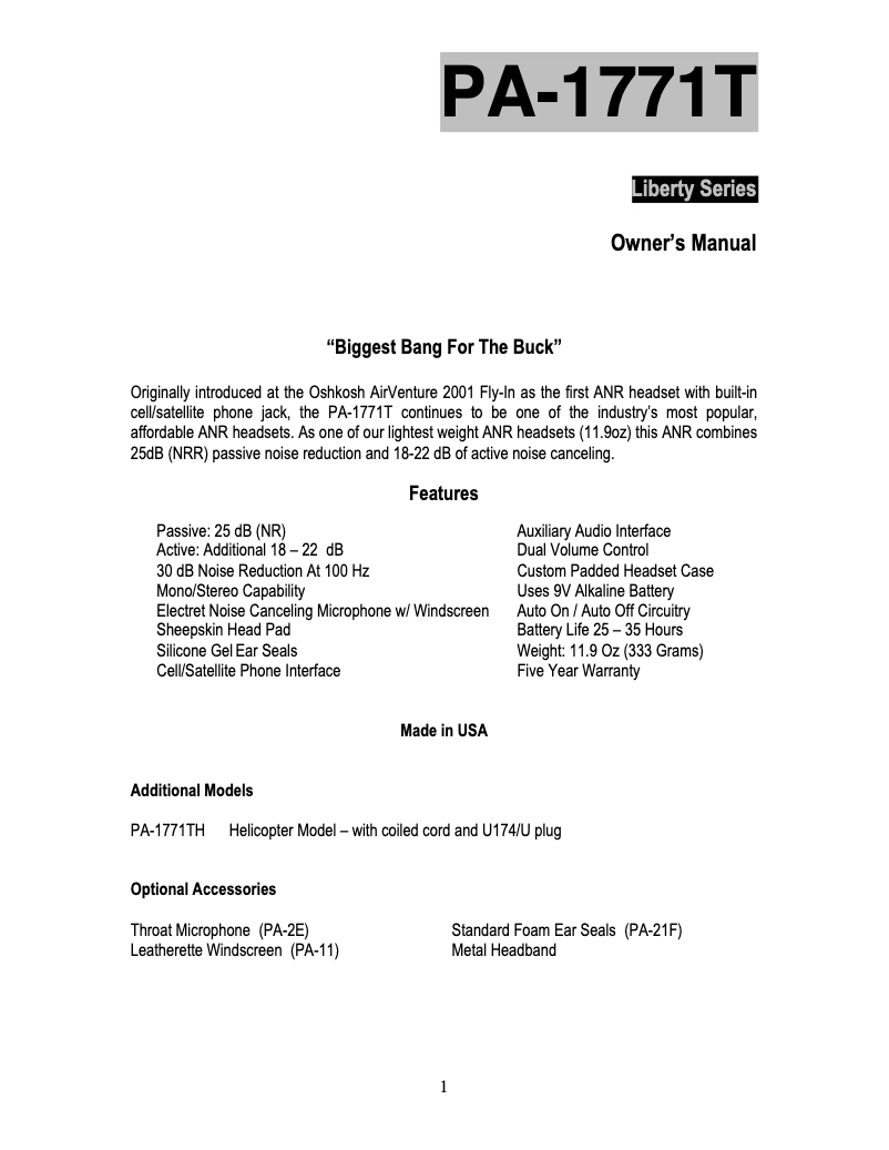 Page 1 de la notice Manuel utilisateur Pilot PA-1771TH