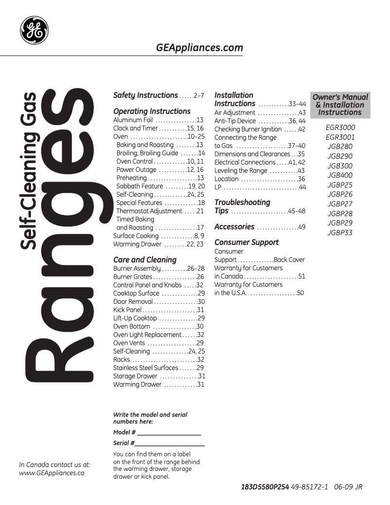 Page 1 of the manual User Manual GE JGBP29SEMSS