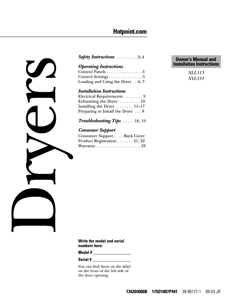 Página 1 del manual Manual de uso y mantenimiento Hotpoint NLL113EYWO