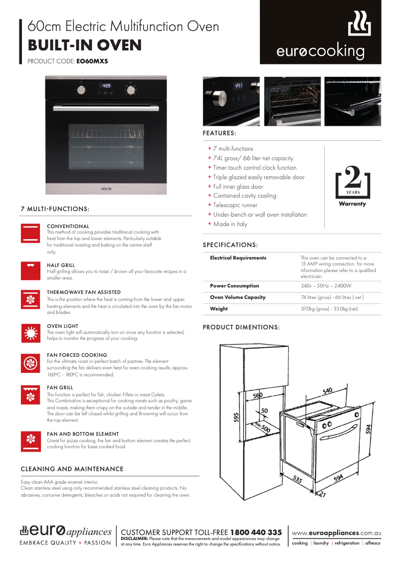 Page 1 de la notice Fiche technique Euro Appliances EO60MXS