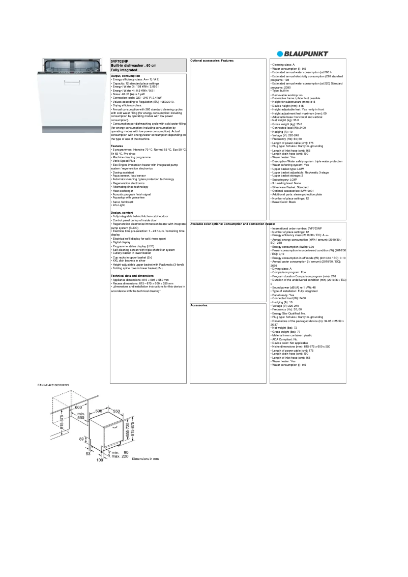 Page 1 de la notice Fiche technique Blaupunkt 5VF 703NP