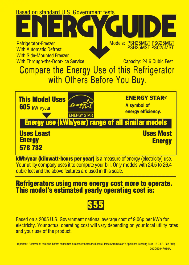Page 1 of the manual Energy Label GE PSH25MGTBV