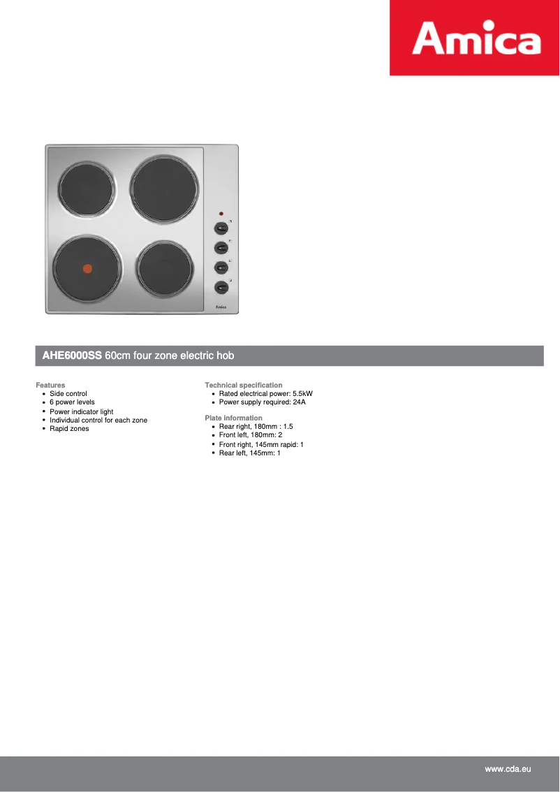 Page 1 de la notice Fiche technique Amica AHE6000SS