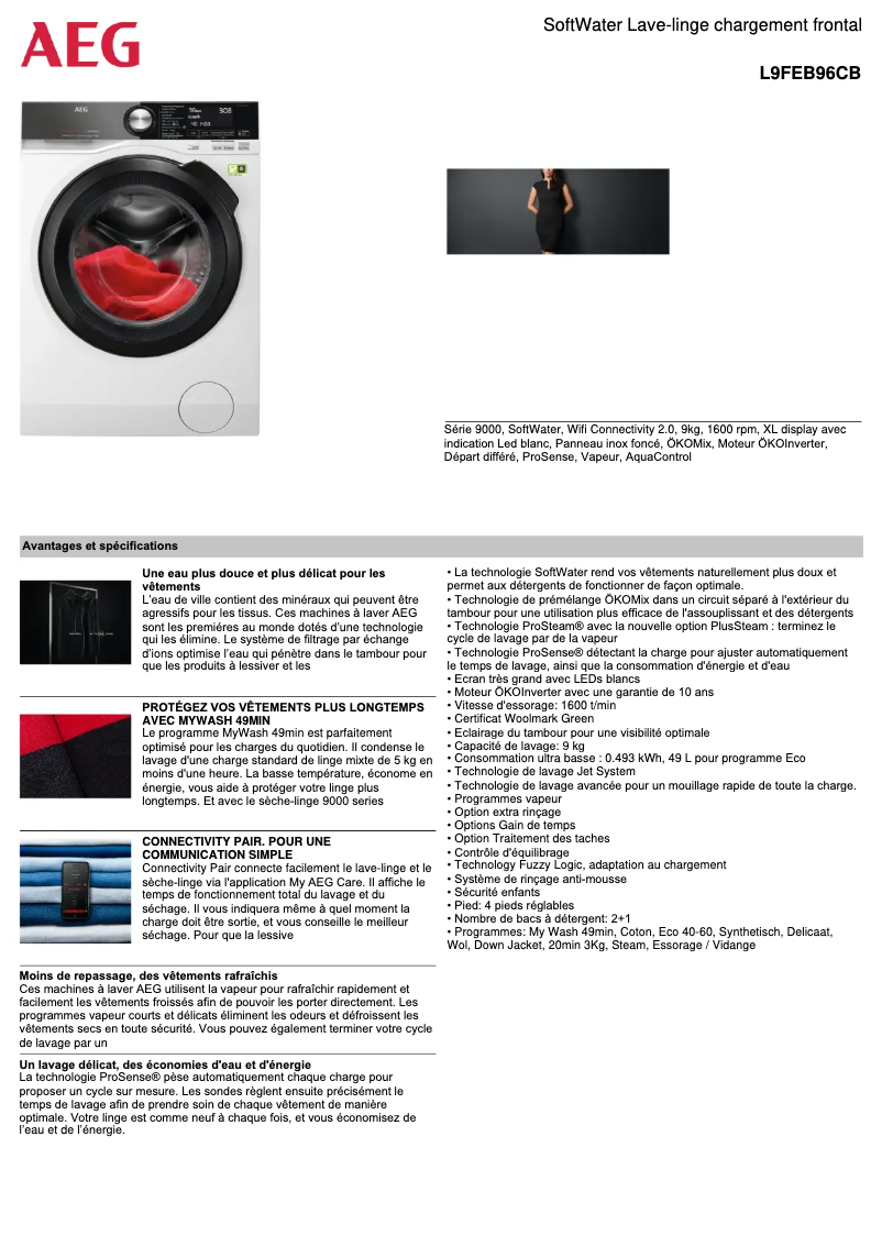 Page 1 de la notice Fiche technique AEG L9FEB96CB