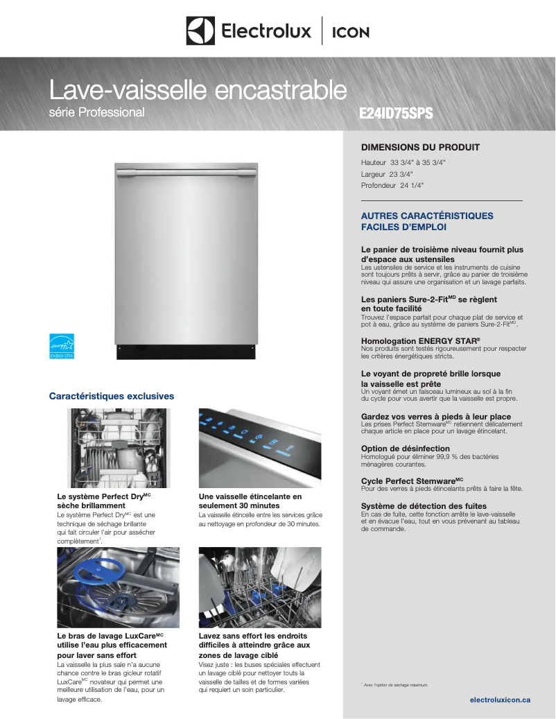 Página 1 del manual Ficha técnica Electrolux E24ID75SPS