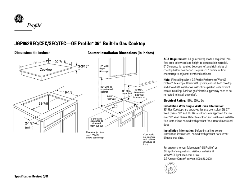 Page 1 of the manual Technical Sheet GE Profile JGP962TECWW