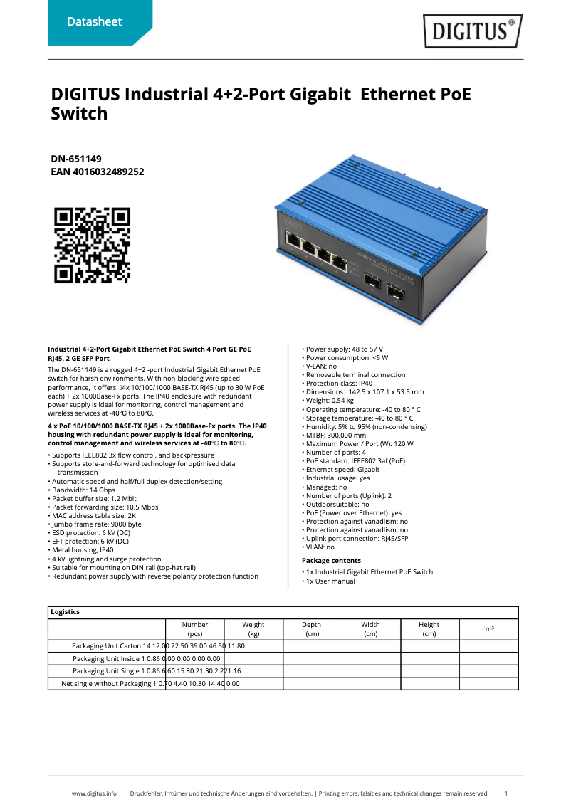 Page 1 de la notice Fiche technique Digitus DN-651149