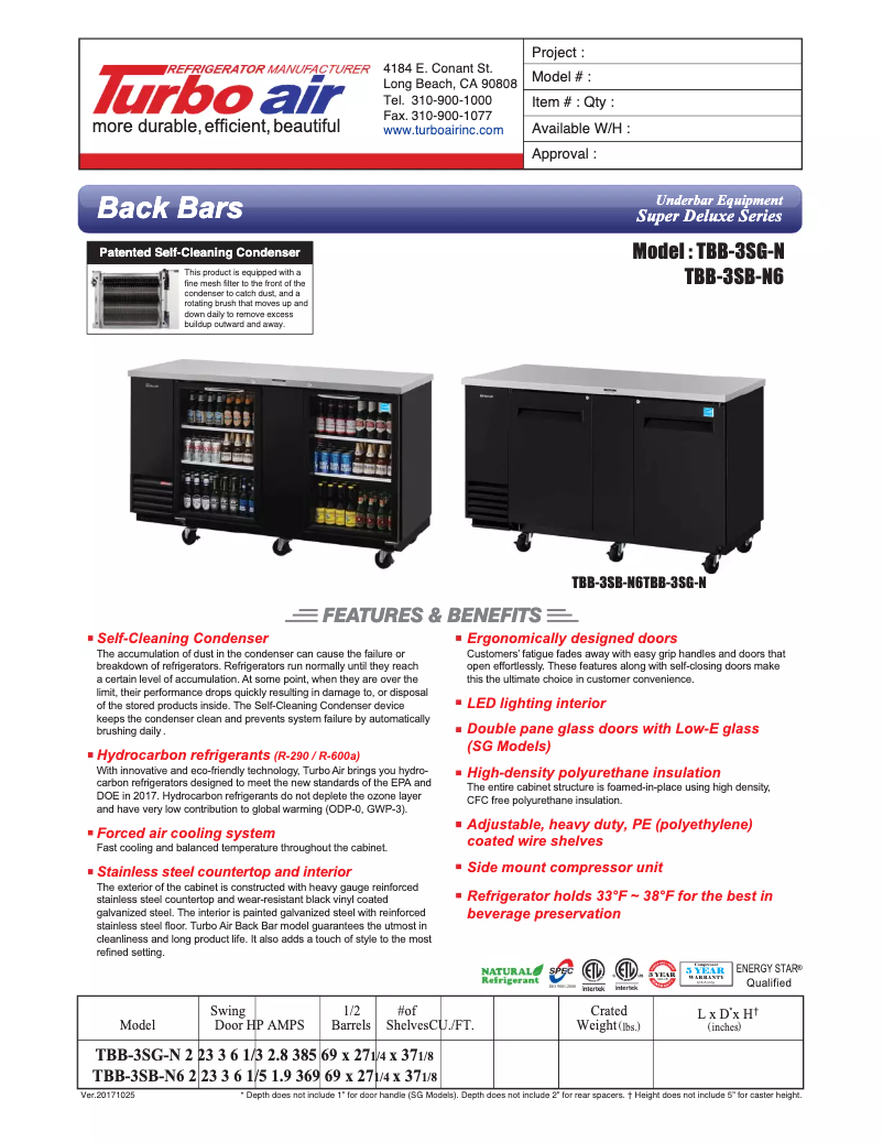 Página 1 del manual Ficha técnica Turbo air TBB-3SG