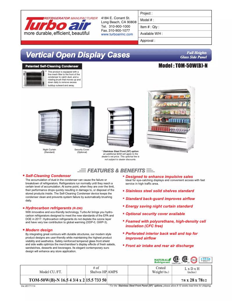 Página 1 del manual Ficha técnica Turbo air TOM-50