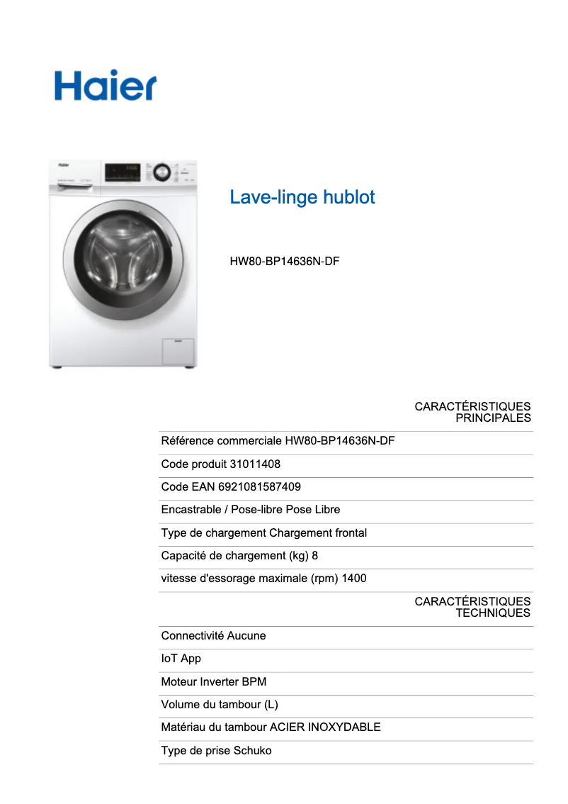 Página 1 del manual Etiqueta energética Haier HW80-BP14636N