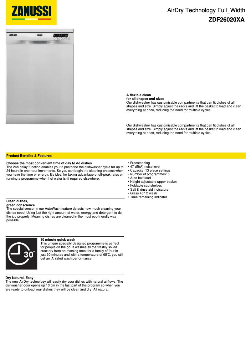 Page 1 de la notice Fiche technique Zanussi ZDF26020XA