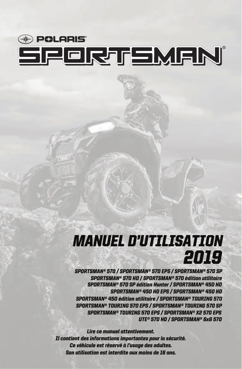 Page 1 de la notice Manuel utilisateur Polaris Sportsman Touring 570 EPS (2019)
