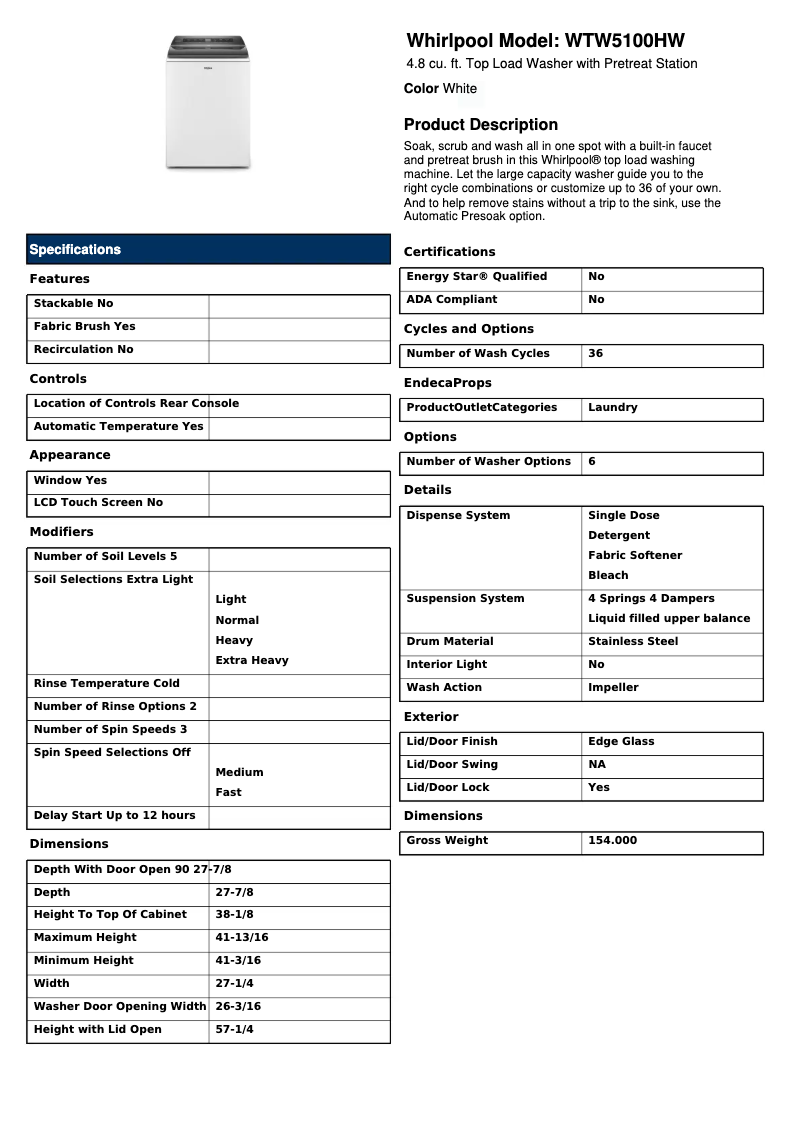 Página 1 del manual Ficha técnica Whirlpool WTW5100HW