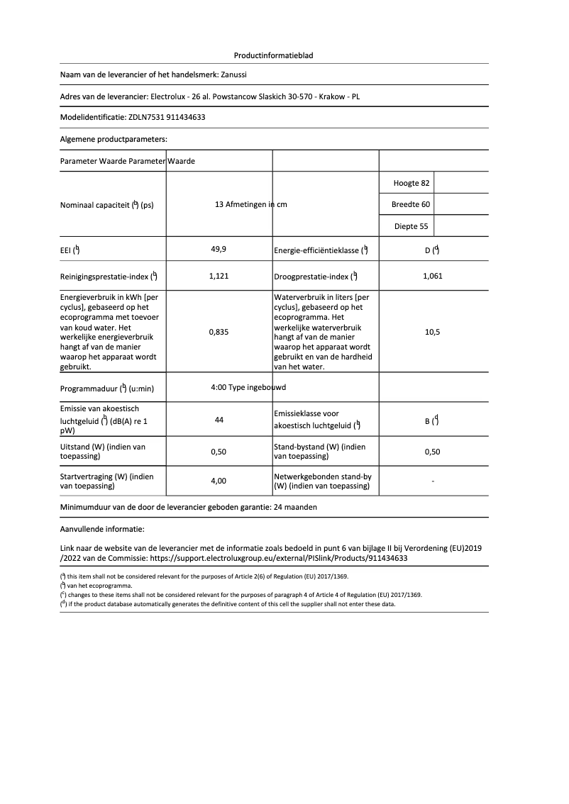 Page 1 de la notice Mode d'emploi Zanussi ZDLN7531
