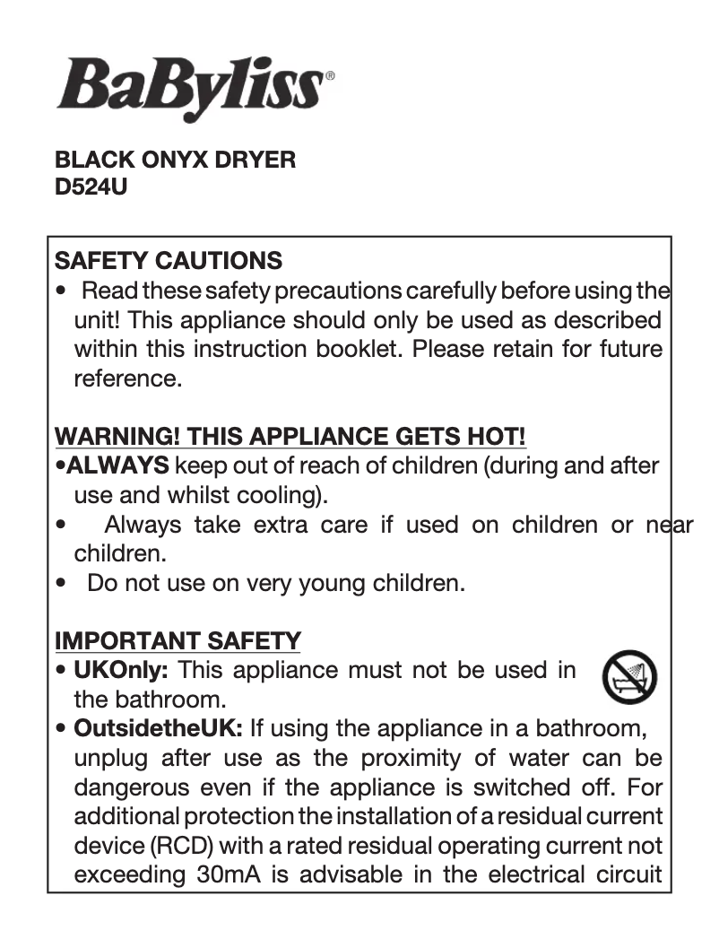 Page 1 de la notice Manuel utilisateur BaByliss Black Onyx D524U