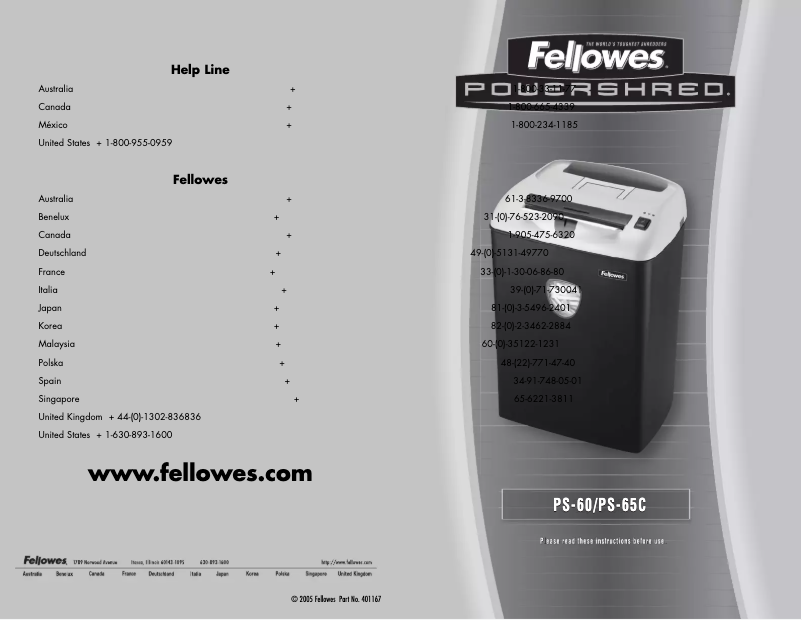 Page 1 de la notice Manuel utilisateur Fellowes Powershred PS-60
