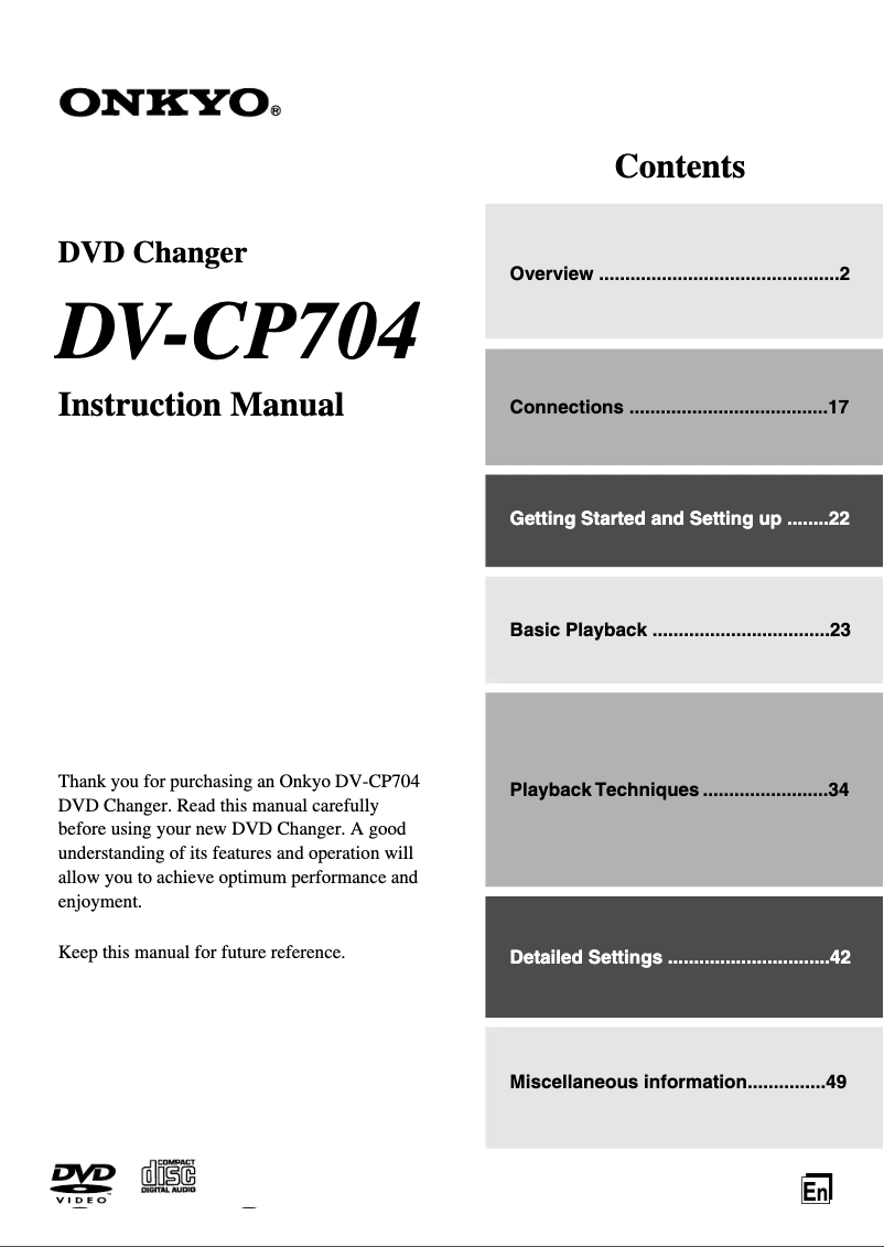 Page 1 de la notice Manuel utilisateur Onkyo DV-CP704