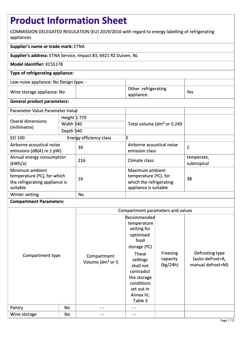 Page 1 de la notice Fiche technique Etna KCS5178
