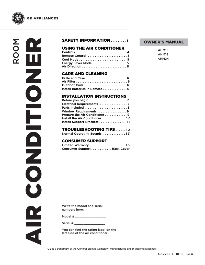 Page 1 de la notice Manuel utilisateur GE AHM18DY