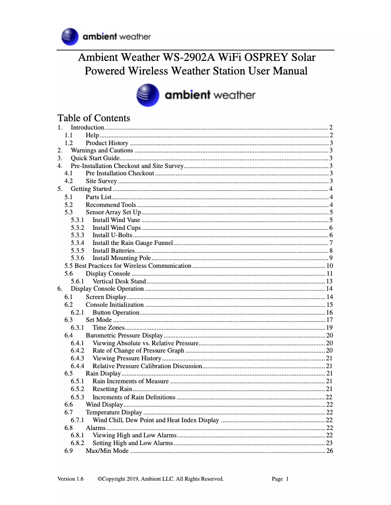 Page 1 de la notice Manuel utilisateur Ambient Weather WS-2902A