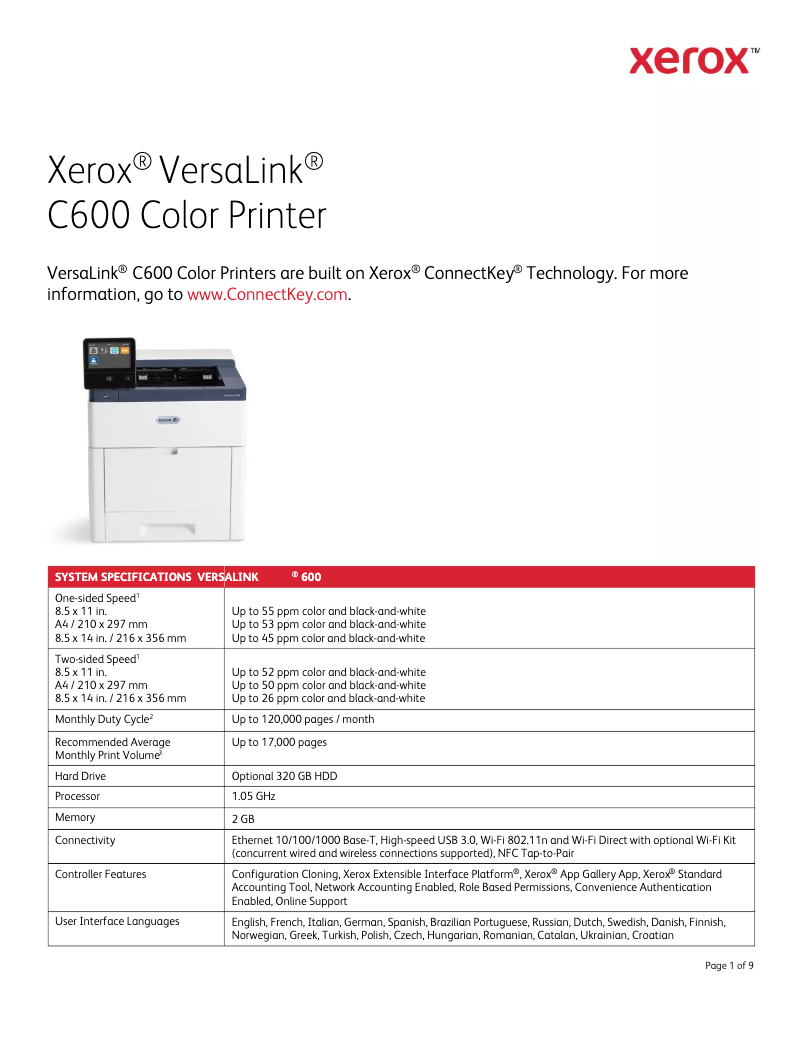 Página 1 del manual Ficha técnica Xerox VersaLink C600