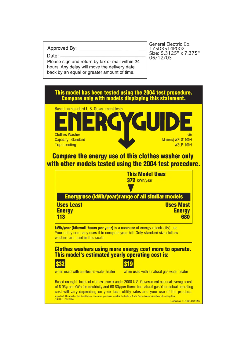 Page 1 of the manual Energy Label GE WSLP1100HWW