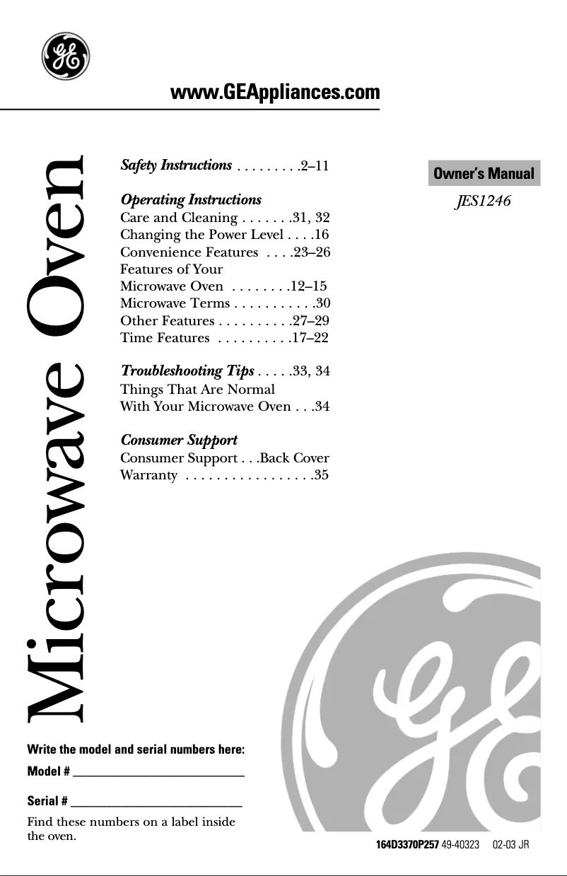 Página 1 del manual Manual de usuario GE JES1246BH