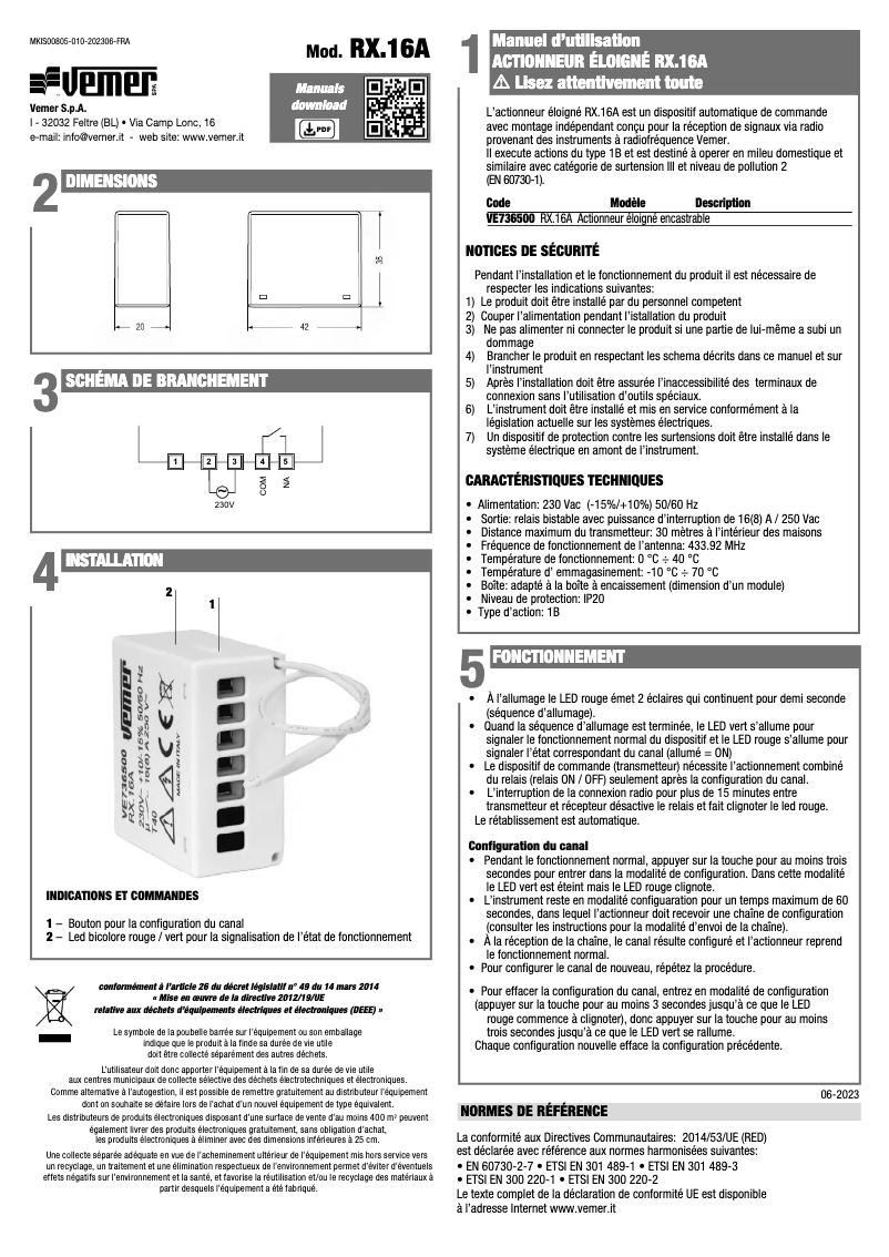 Page 1 de la notice Manuel utilisateur Vemer RX.16A