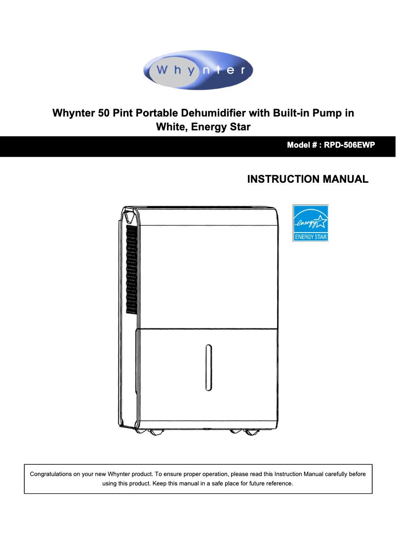 Page 1 de la notice Manuel utilisateur Whynter RPD-506EWP