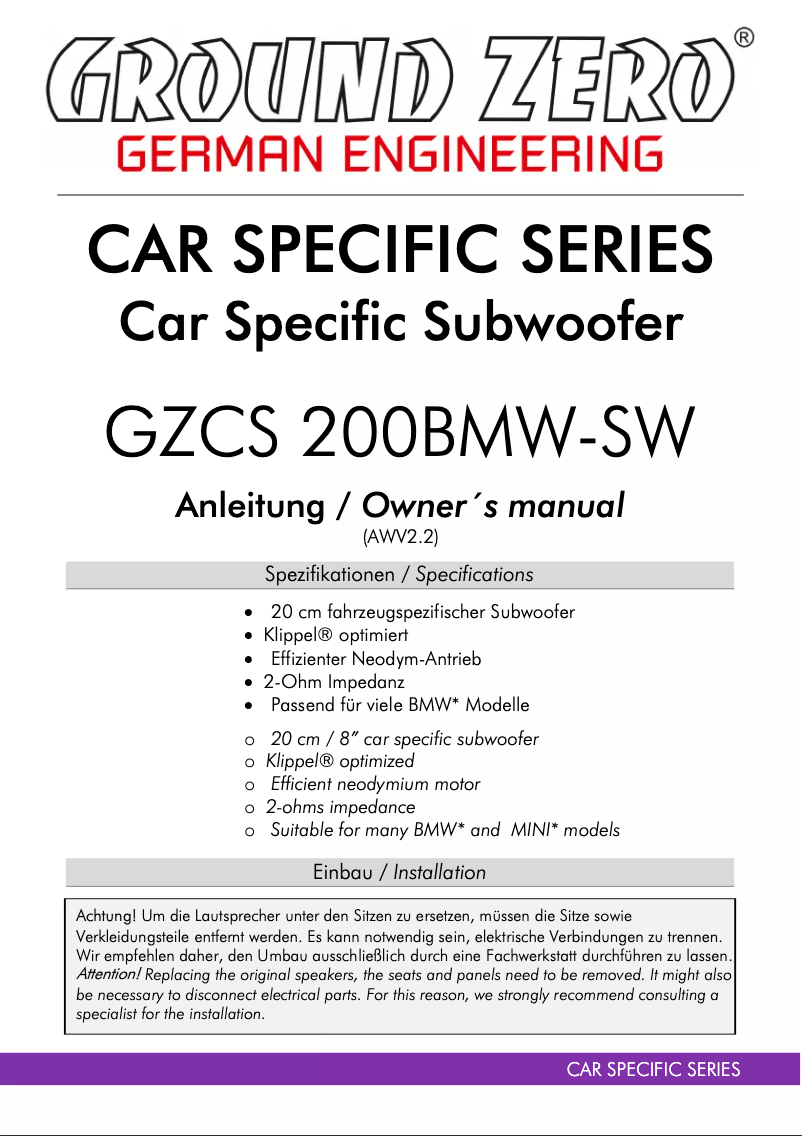 Page 1 de la notice Manuel utilisateur Ground Zero GZCS 200BMW-SW