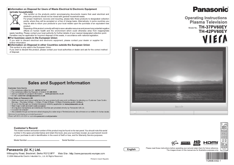 Page 1 of the manual User Manual Panasonic Viera TH-42PV60EY