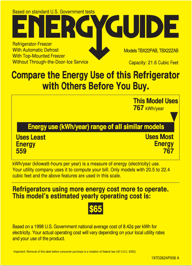Page n°1 - Label énergétique GE Profile TBX22PABWW