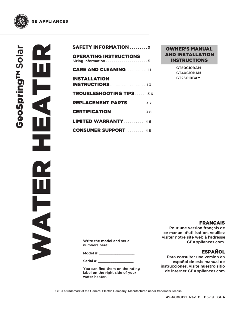 Página 1 del manual Guía de instalación GE GeoSpring GT50C10BAM