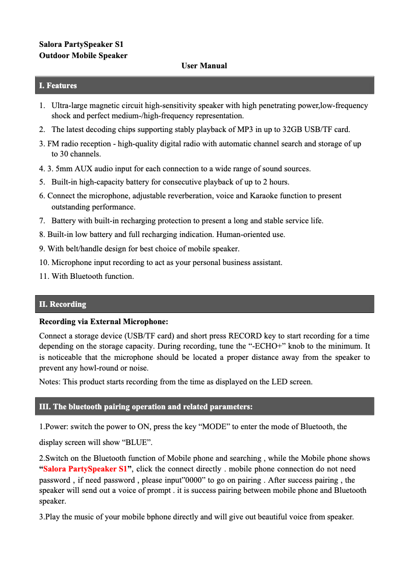 Page 1 de la notice Manuel utilisateur Salora PartySpeaker S1