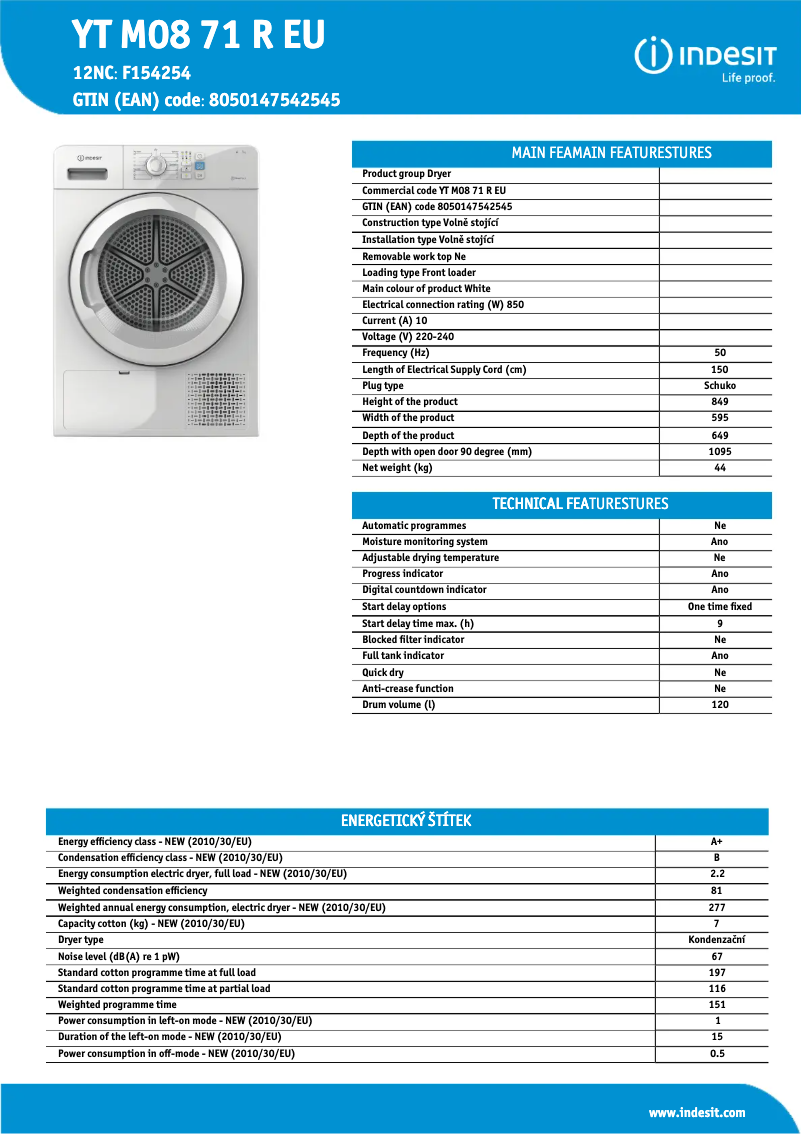 Página 1 del manual Ficha técnica Indesit YT M08 71 R EU