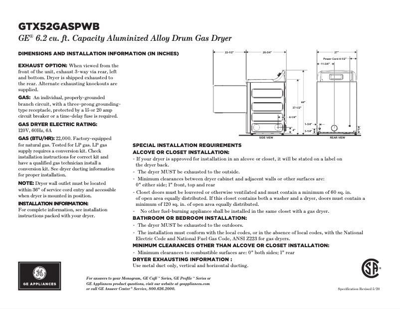 Página 1 del manual Ficha técnica GE GTX52GASPWB