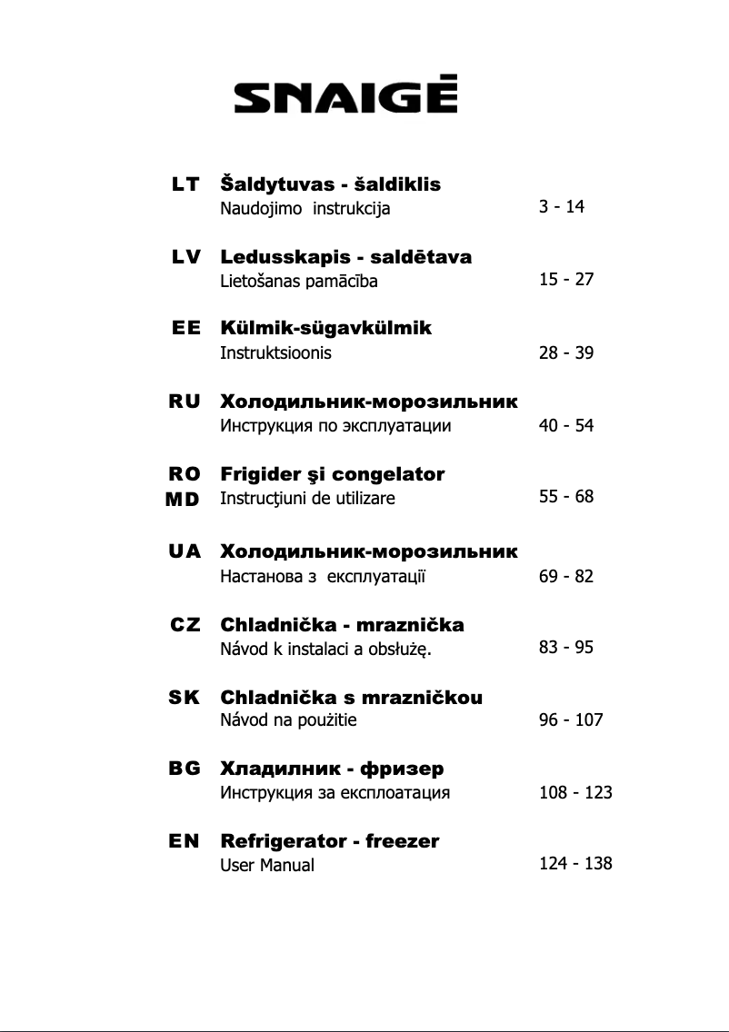 Page 1 de la notice Manuel utilisateur Snaigė Fresh INN RF59FG-TN00NF0