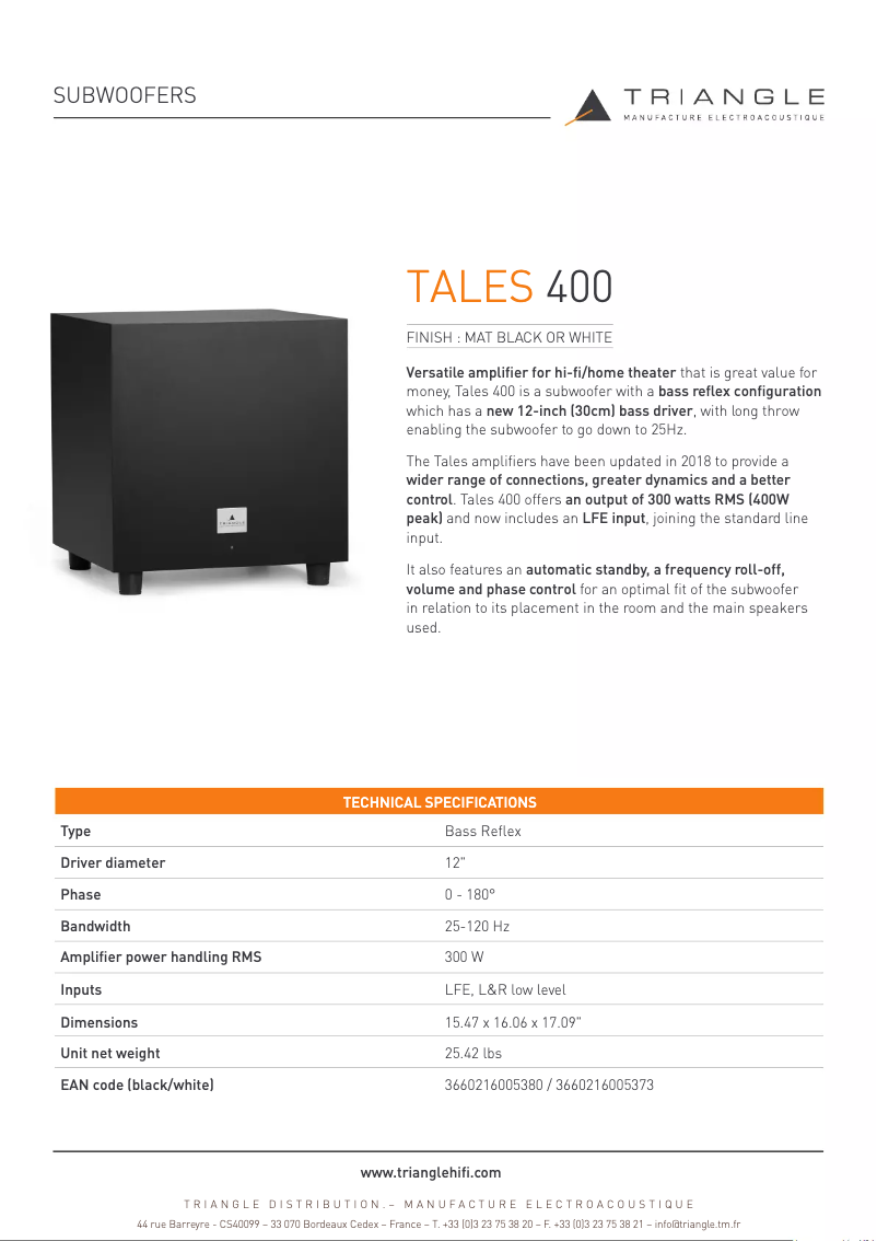 Page 1 de la notice Fiche technique Triangle Tales 400