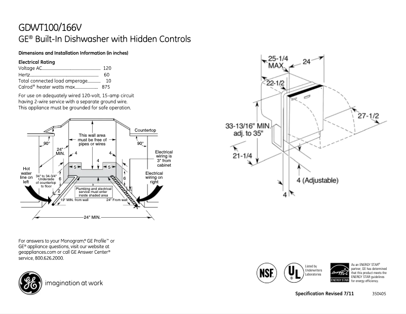 Page n°1 - Fiche technique GE GDWT106VWW