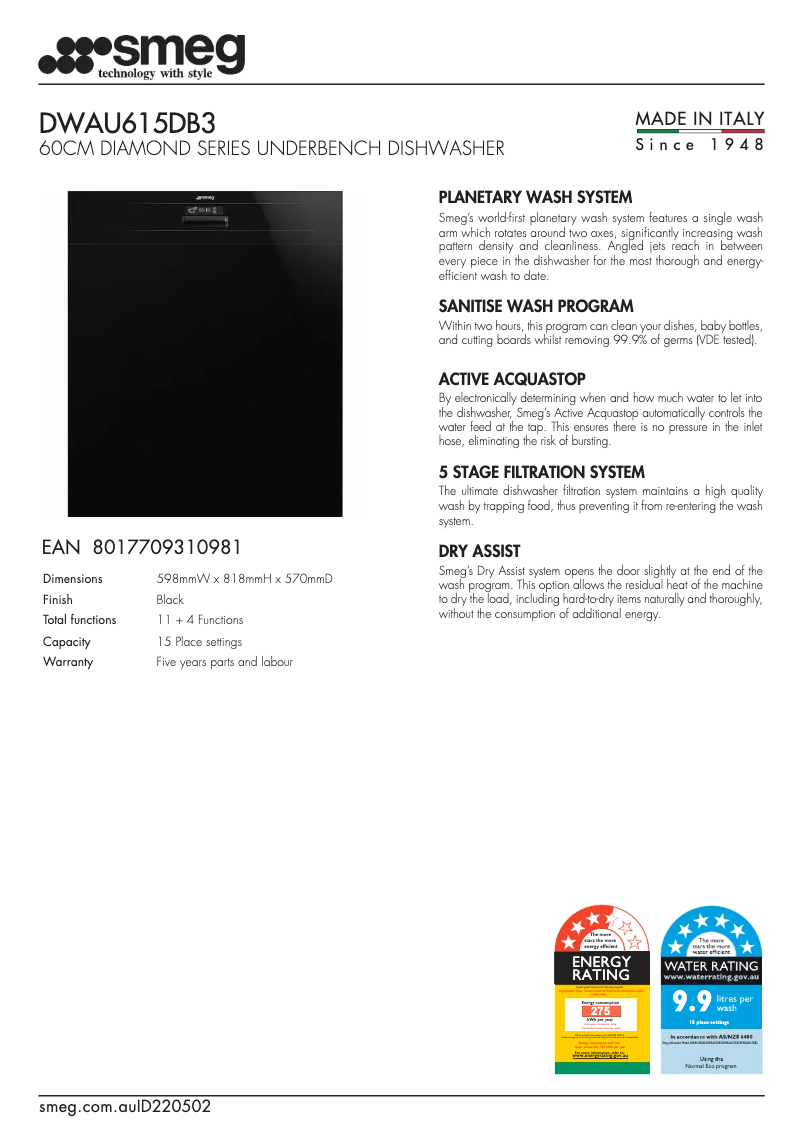 Página 1 del manual Ficha técnica Smeg DWAU615DB3