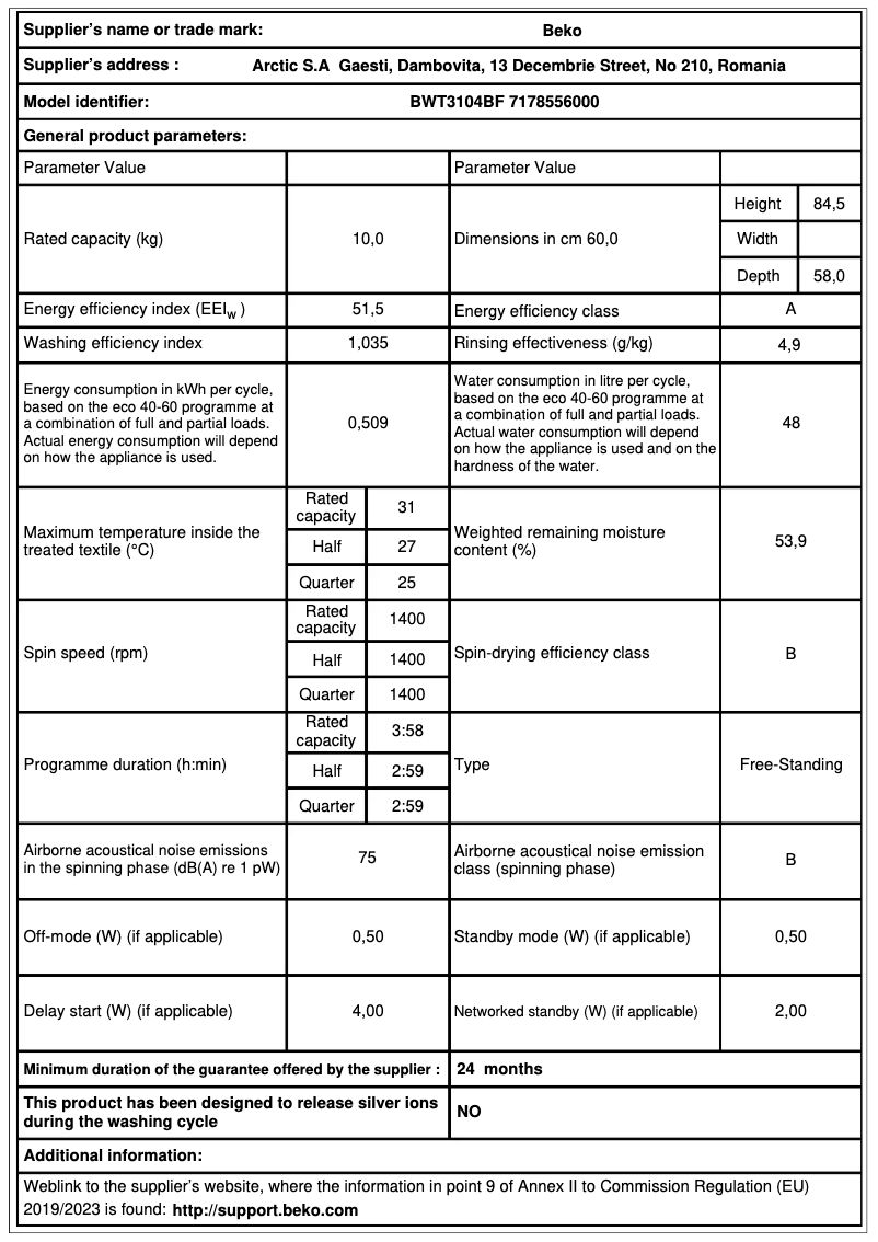Page 1 de la notice Fiche technique Beko BWT5104BF